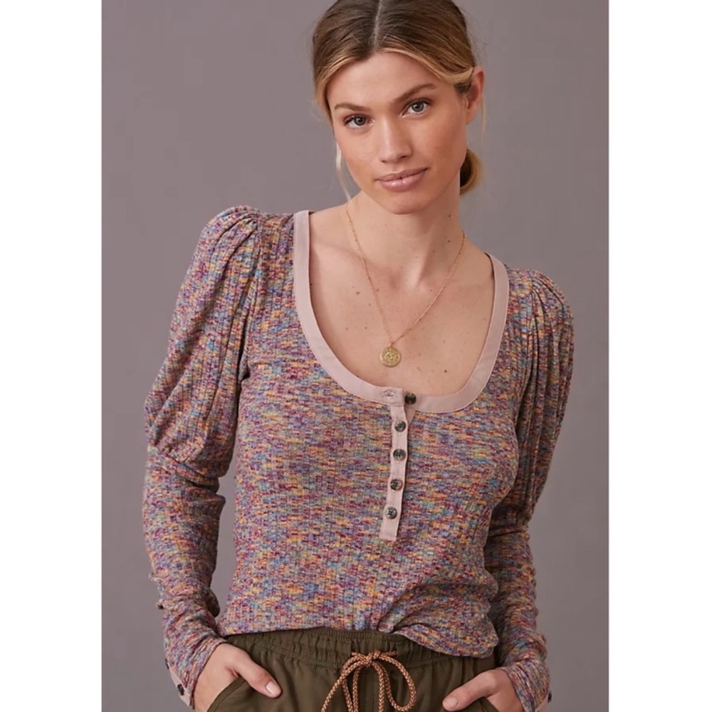 Waffle-Knit Scoop Neck Henley Top in Multi-Color